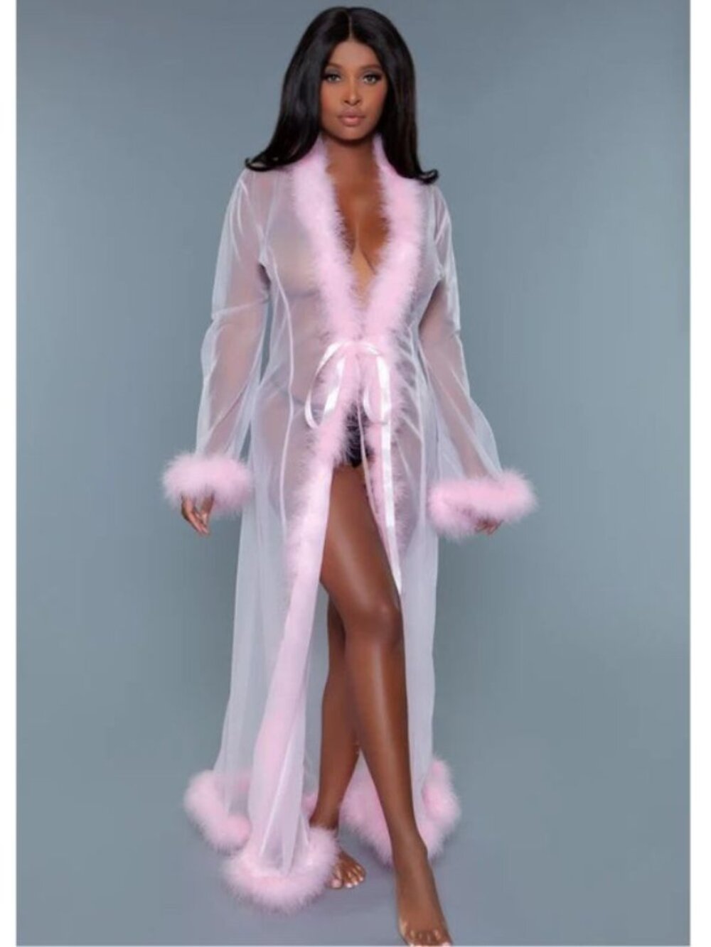 Be Wicked BW1650 Candy Pink Sheer Robe with Feather Trim
